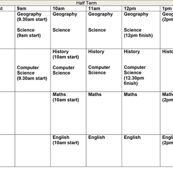 Image of Half Term study timetable